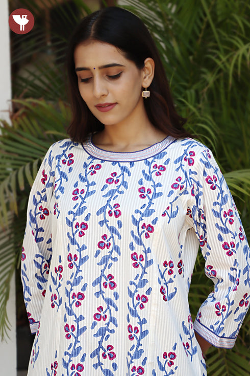 Cotton Striped Kurta And Pant Set in Floral Block Print