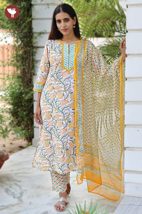 Terry Voile Kurta Pant With Dupatta In Floral Block Print