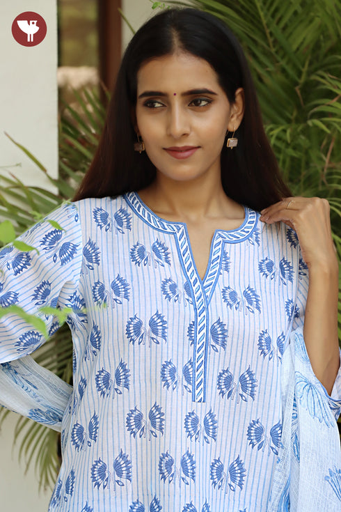 Terry Voile Kurta Pant With Dupatta In Floral Block Print