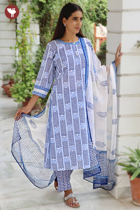 Terry Voile White & Blue Kurta Pant with Dupatta in Geometric Block Print