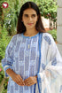 Terry Voile White & Blue Kurta Pant with Dupatta in Geometric Block Print