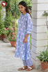 Terry Voile White & Blue Kurta Pant with Dupatta in Geometric Block Print
