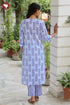 Terry Voile White & Blue Kurta Pant with Dupatta in Geometric Block Print