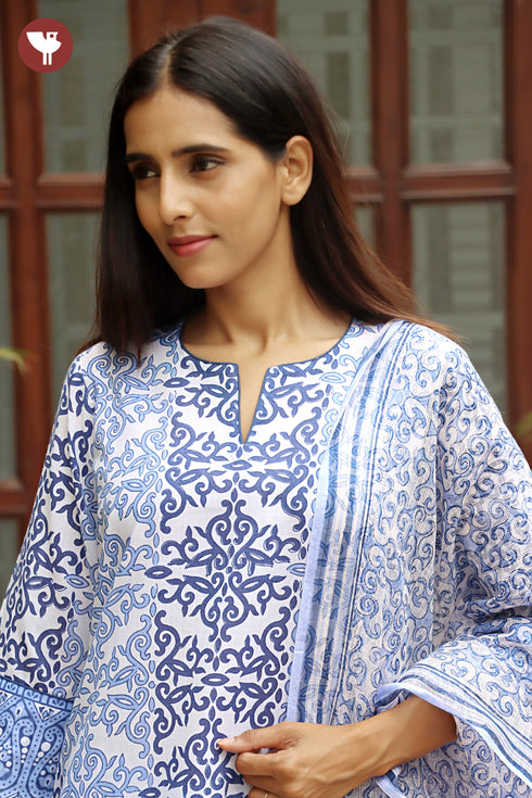Terry Voile Kurta Pant with Dupatta in Floral Block Print