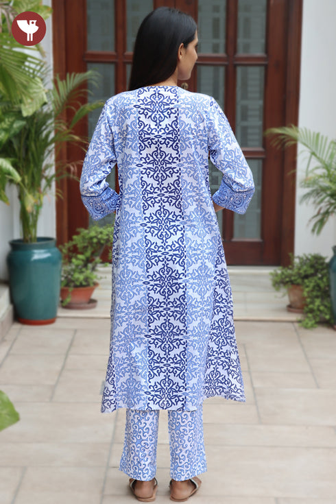 Terry Voile Kurta Pant with Dupatta in Floral Block Print
