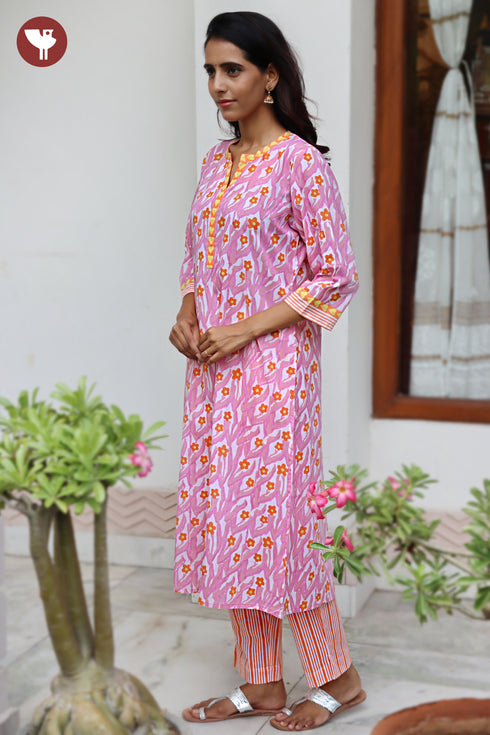 Terry Voile Kurta Pant With Dupatta In Floral Block Print