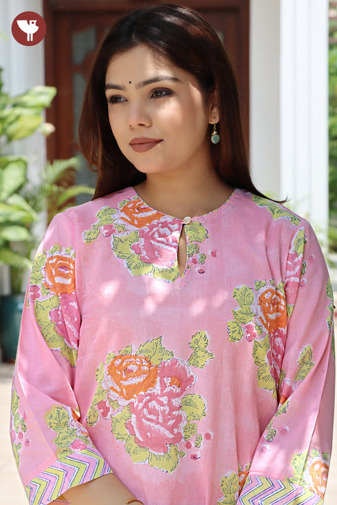 Terry Voile Kurta Pant with Dupatta in Floral Block Print