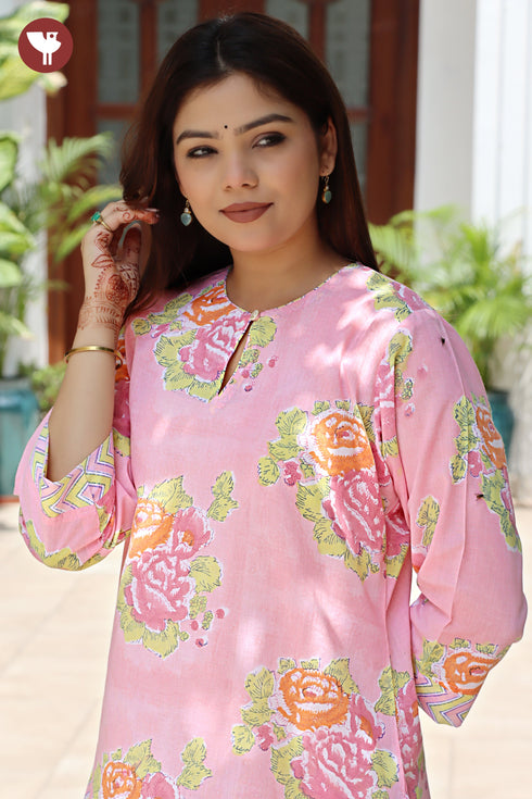 Terry Voile Kurta Pant with Dupatta in Floral Block Print