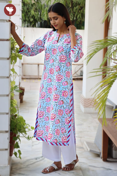 Cambric Cotton Kurta And Pant Set In Floral Block Print