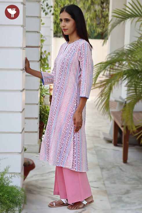 Cambric Cotton Kurta And Pant Set In Floral Block Print
