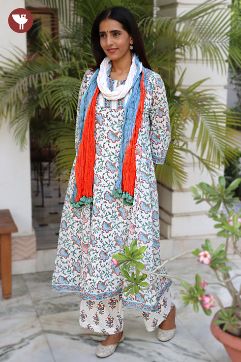 Mulmul Cotton Kurta Pant with Dupatta Set in Floral Block Print