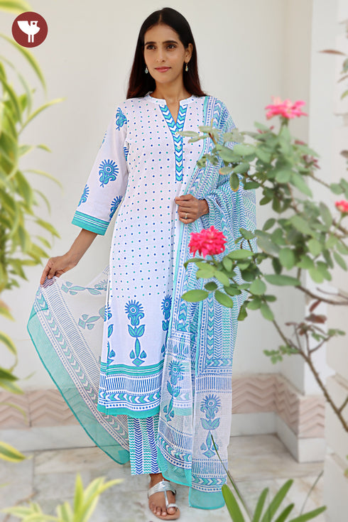 Cambric Cotton White & Aqua Kurta Pant with Dupatta in Floral Block Print
