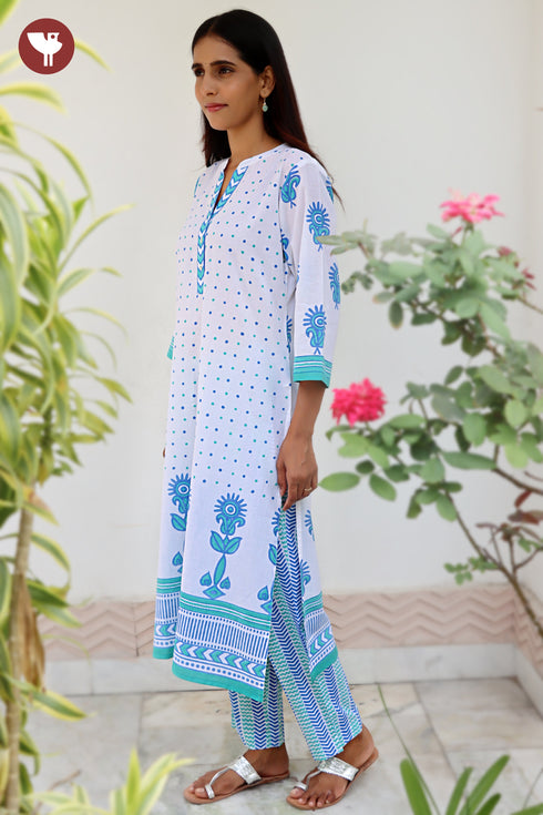 Cambric Cotton White & Aqua Kurta Pant with Dupatta in Floral Block Print