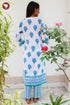 Cambric Cotton White & Aqua Kurta Pant with Dupatta in Floral Block Print