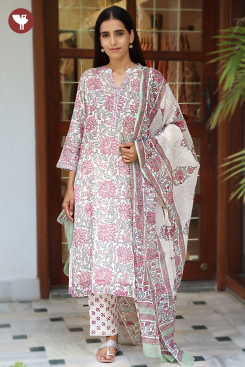 Kota Doria Kurta Pant Set With Dupatta In Block Print