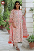 Bizzy Lizzy White & Rust Kurta Pant with Dupatta in Block Print