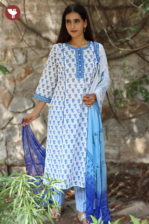Terry Voile Kurta Pant With Dupatta Set in Floral Block Print