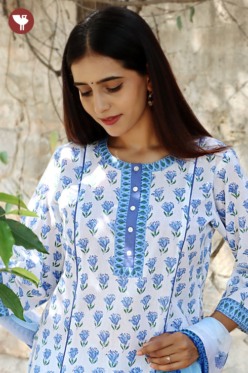 Terry Voile Kurta Pant With Dupatta Set in Floral Block Print