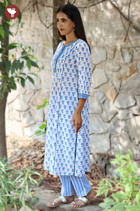 Terry Voile Kurta Pant With Dupatta Set in Floral Block Print