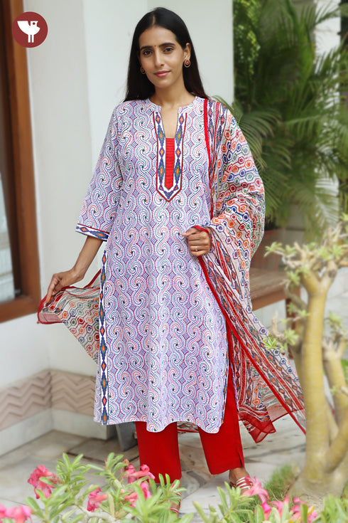 Terry Voile Kurta Pant with Dupatta in Block Print
