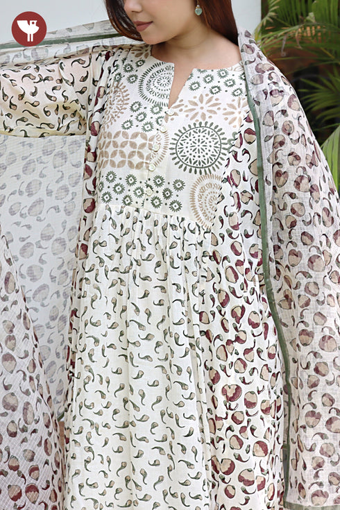 Mul Mul Cotton Kali Style Kurta Pant with Dupatta in Geometric Block Print