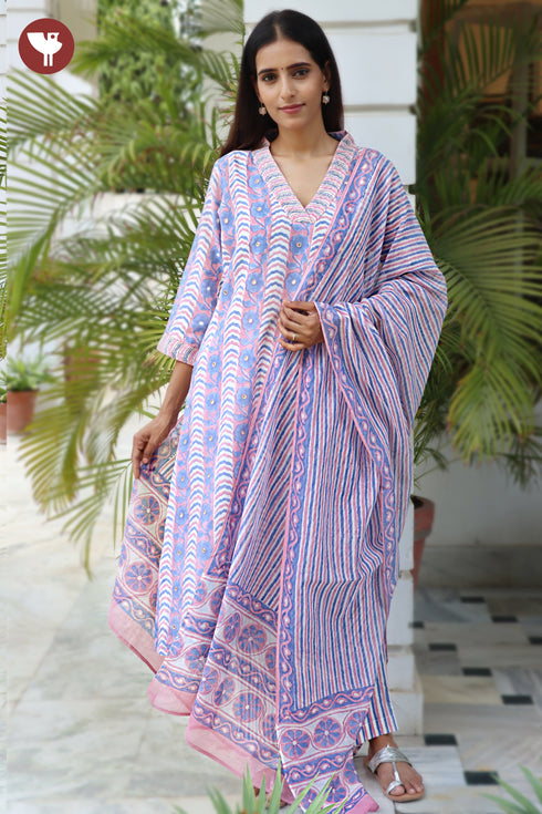 Chanderi Silk Kurta Pant With Dupatta In Floral Block Print