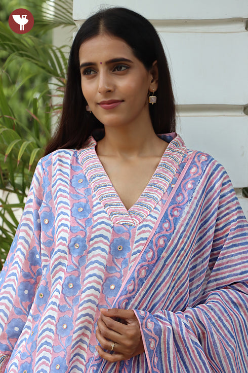 Chanderi Silk Kurta Pant With Dupatta In Floral Block Print