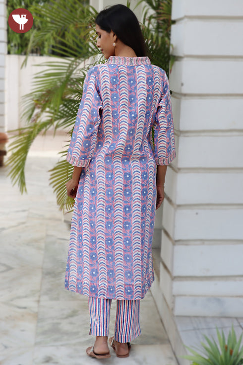 Chanderi Silk Kurta Pant With Dupatta In Floral Block Print