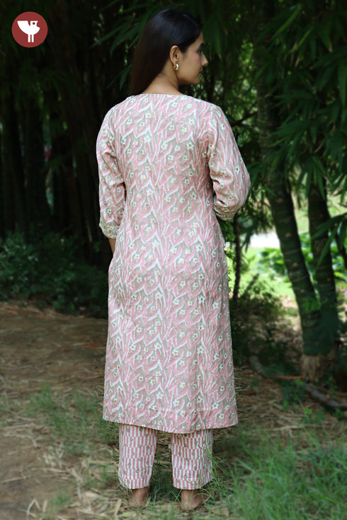 Chanderi Silk Kurta Pant with Dupatta in Zari Floral Block Print