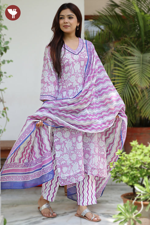 Chanderi Silk Kurta Pant With Dupatta In Floral Block Print