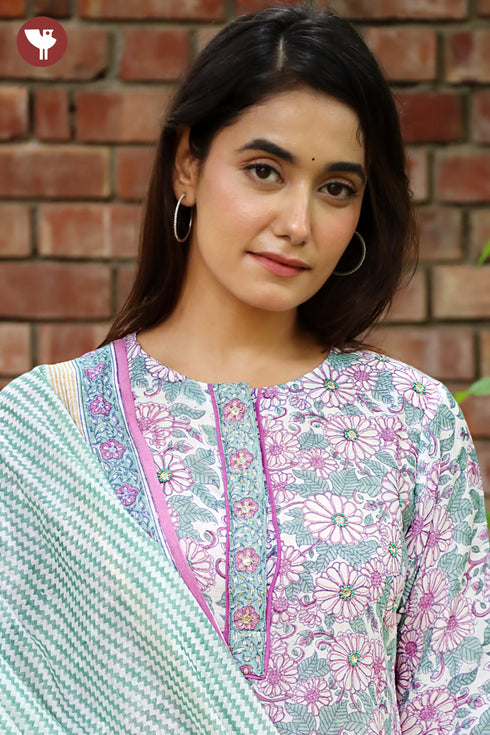 Chanderi Silk Kurta Pant With Dupatta In Floral Block Print