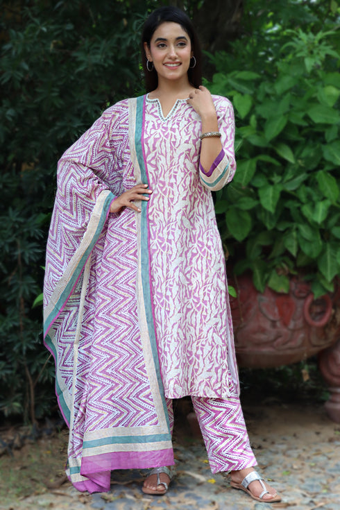 Chanderi Silk Kurta Pant with Dupatta in Floral Block Print