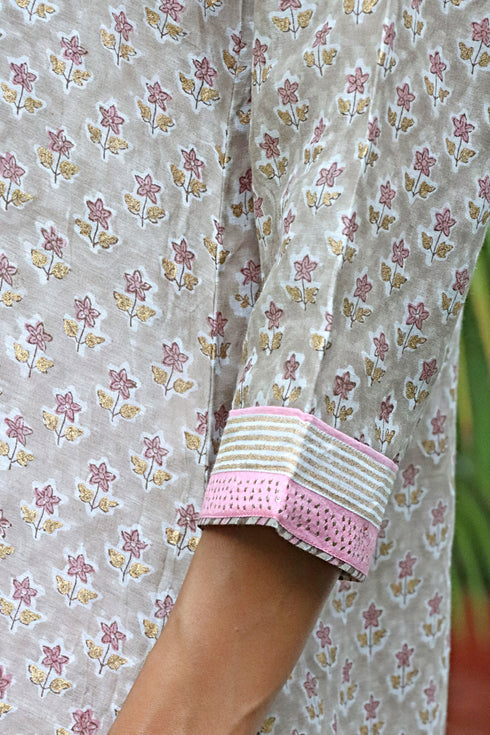 Chanderi Silk Kurta Pant with Dupatta in Zari Floral Block Print