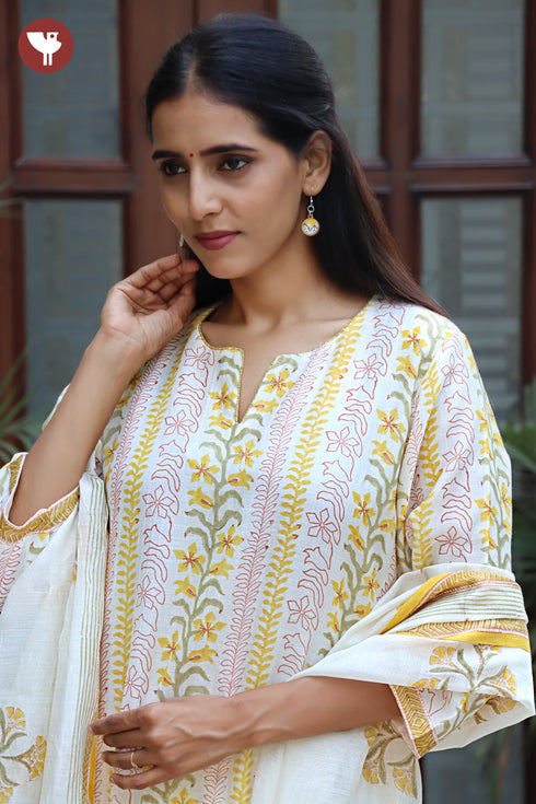 Chanderi Silk Kurta Pant With Dupatta In Floral Block Print