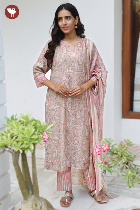 Chanderi Silk Kurta Pant with Dupatta in Floral Block Print