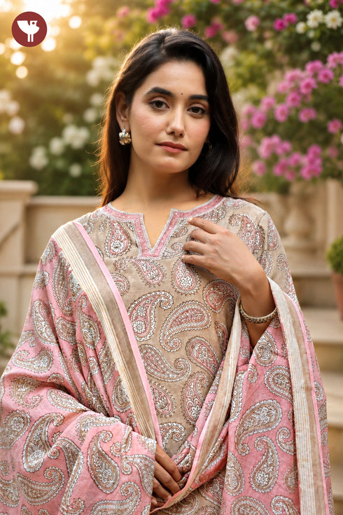 Chanderi Silk Kurta Pant with Dupatta in Floral Block Print