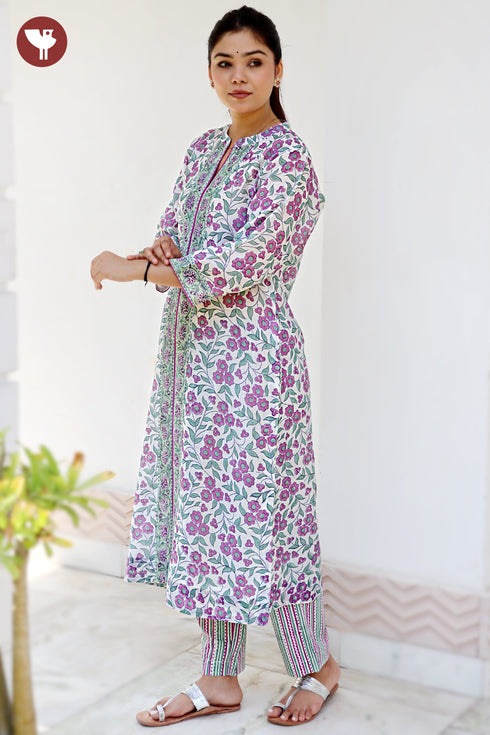 Chanderi Silk Kurta Pant with Dupatta in Floral Block Print