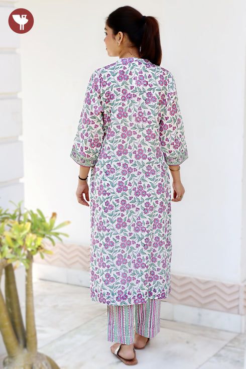 Chanderi Silk Kurta Pant with Dupatta in Floral Block Print