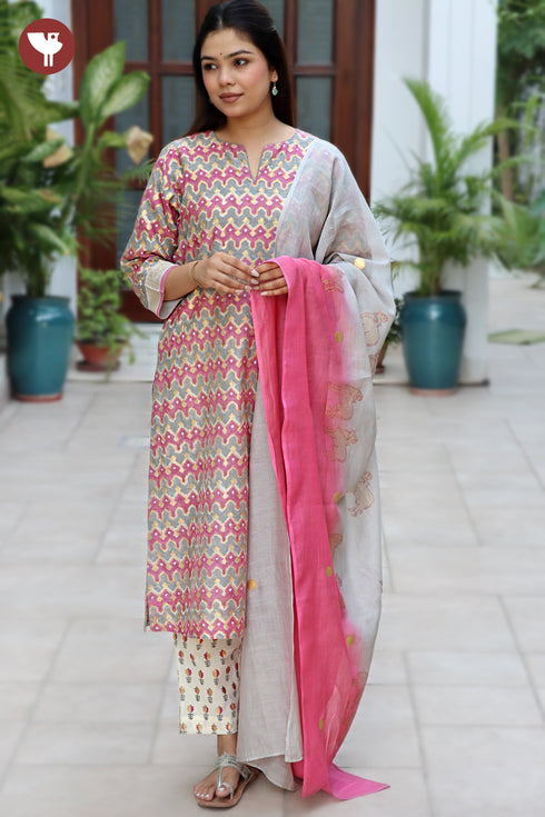 Chanderi Silk Kurta Pant & Dupatta Set in Block Print