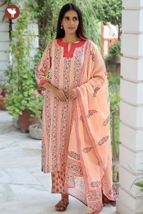 Chanderi Silk Peach Kurta Pant with Dupatta in Floral Block Print