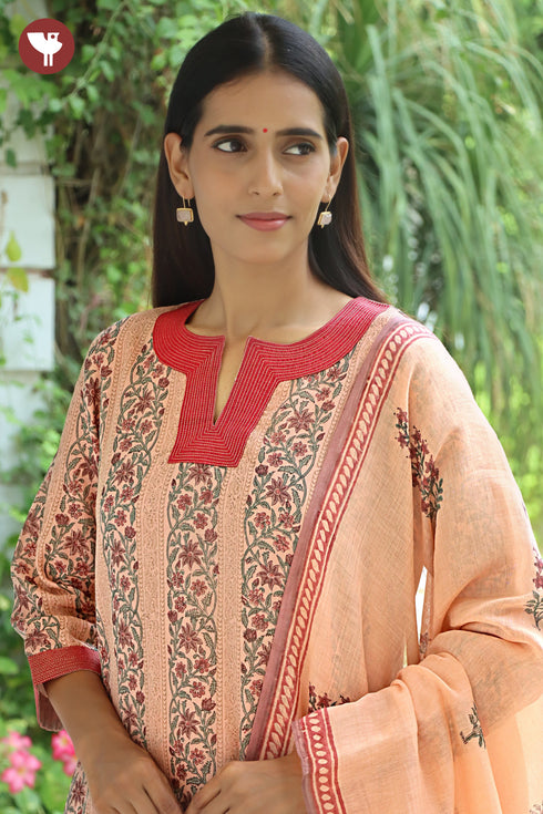 Chanderi Silk Peach Kurta Pant with Dupatta in Floral Block Print