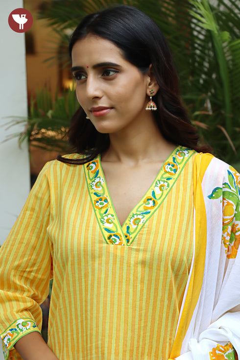Cambric Cotton Kurta Pant With Dupatta In Striped Block Print
