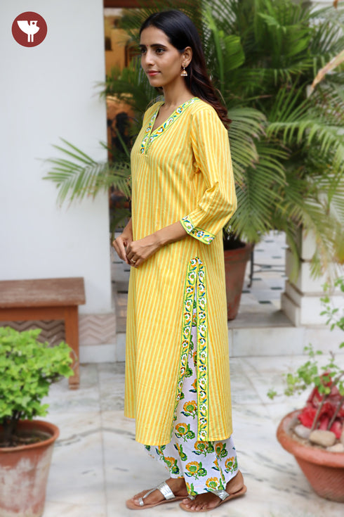 Cambric Cotton Kurta Pant With Dupatta In Striped Block Print