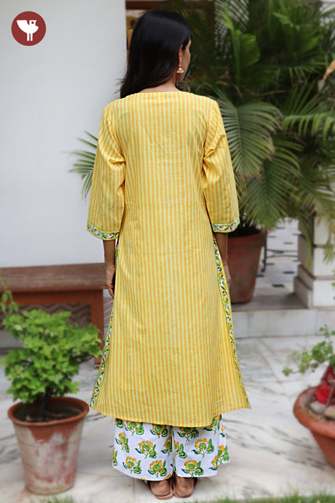 Cambric Cotton Kurta Pant With Dupatta In Striped Block Print