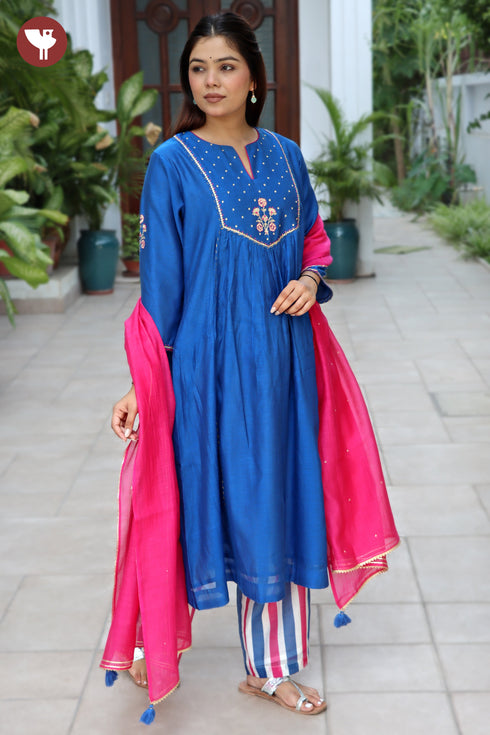 Chanderi Silk Kurta Pant & Dupatta Set in Floral Block Print