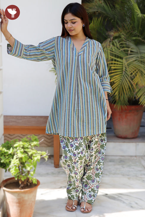 Cambric Cotton Blue & Olive Green Stripe Kurta and Floral Salwar Set