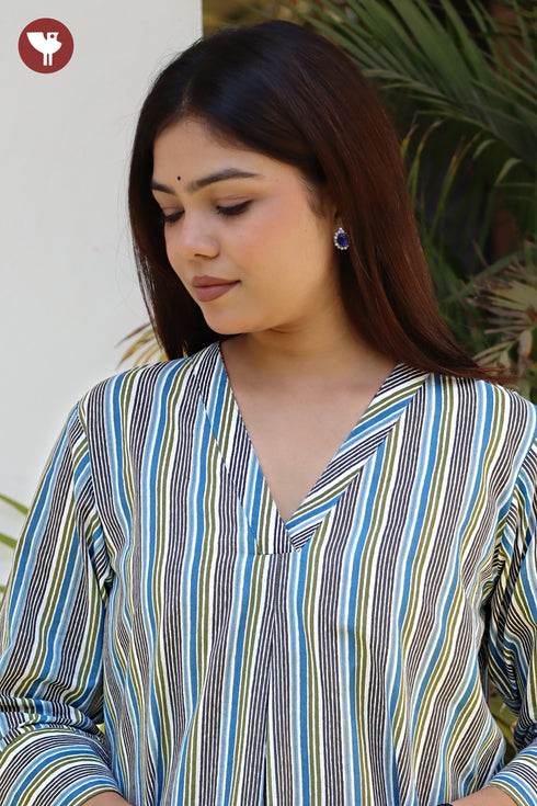 Cambric Cotton Blue & Olive Green Stripe Kurta and Floral Salwar Set