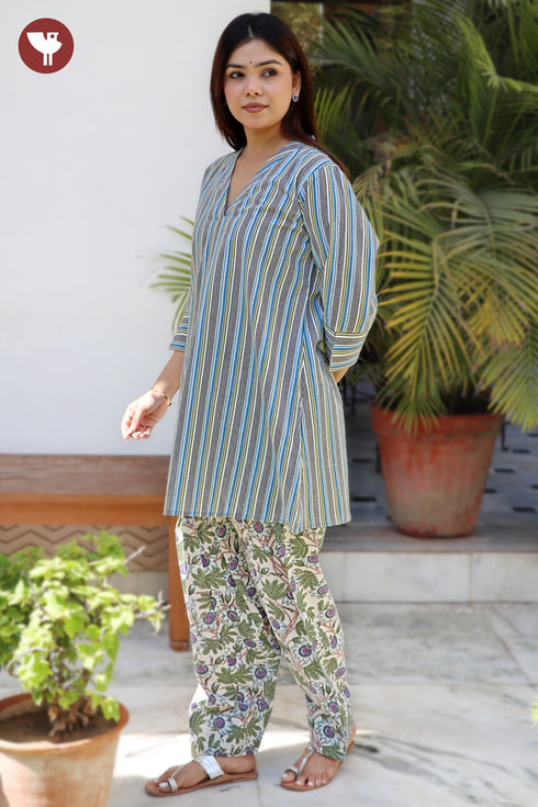 Cambric Cotton Blue & Olive Green Stripe Kurta and Floral Salwar Set
