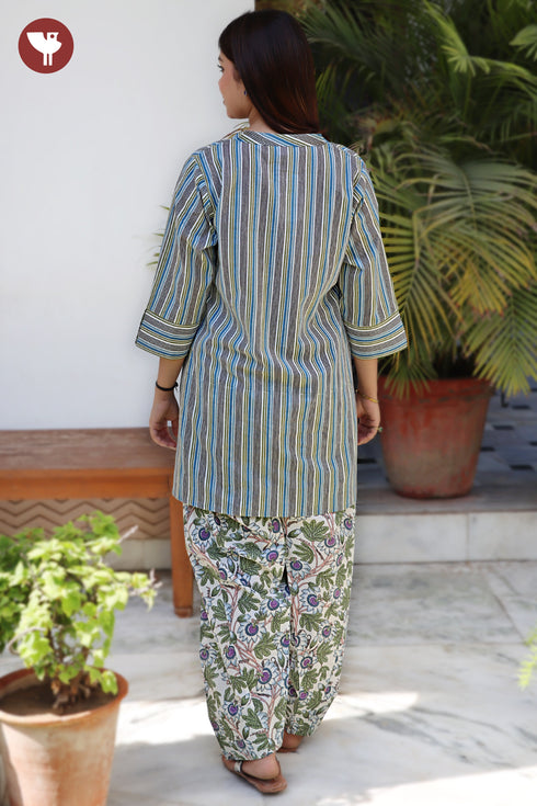 Cambric Cotton Blue & Olive Green Stripe Kurta and Floral Salwar Set