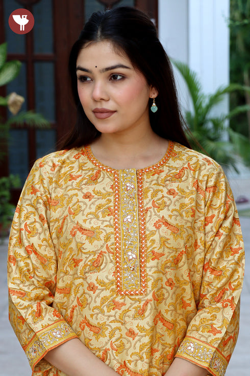 Tussar Cotton Kurta Pant & Dupatta Set in Floral Block Print